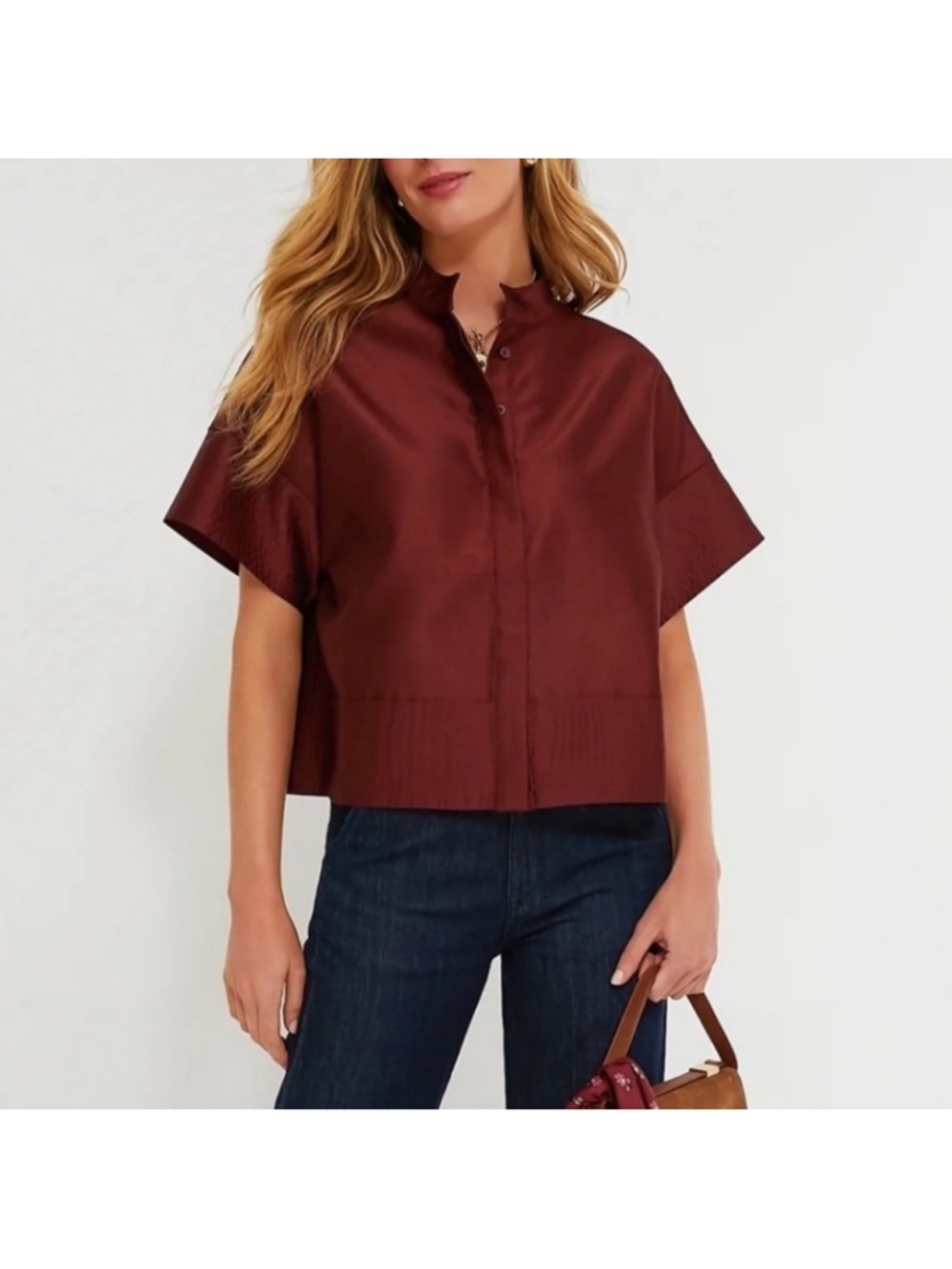 Tuckernuck Boxy Short-Sleeve Button-Down Top in Deep Burgundy